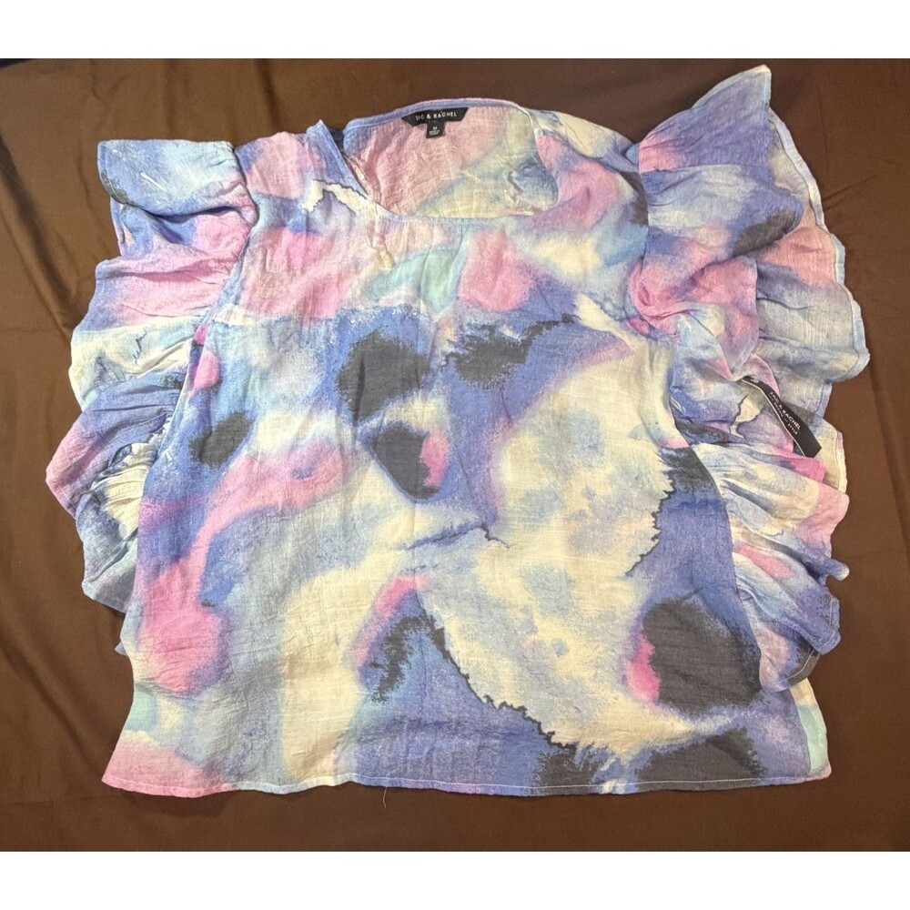 Zac & Rachel Women’s Large Blouse Pink Purple Abstract Print Ruffle Sleeve Top